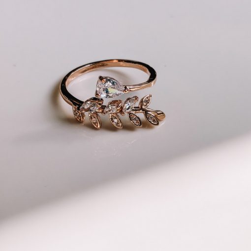 Rose Gold Leaf Rhinestone Ring - Size 8