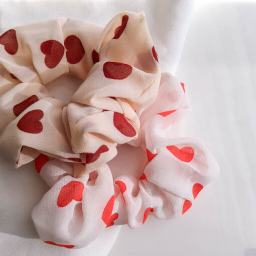 Beige and Red Heart Scrunchies