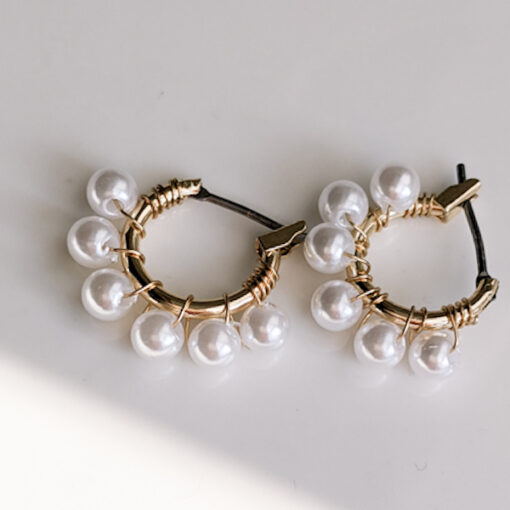 Gold Pearl Hoop Huggies Earrings