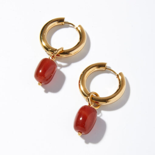 Gold Red Drop Hoop Earrings
