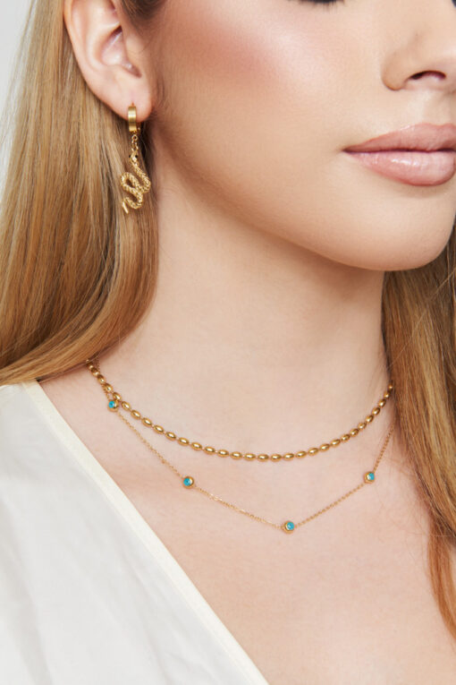Turquoise Beads Necklace (18K Gold Plated, Tarnish-Free)